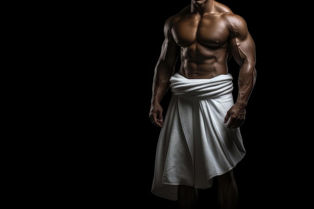 Grande uomo muscoloso che indossa un asciugamano bianco sui fianchi su uno sfondo nero AI generativa