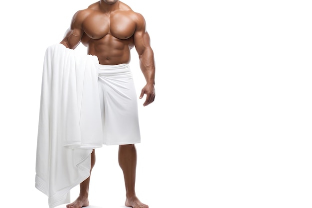 Grande uomo muscoloso con un asciugamano bianco su uno sfondo bianco AI generativa