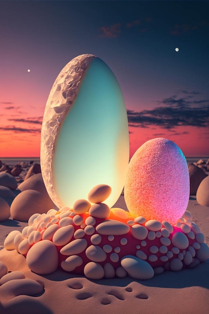 Grande uovo seduto sopra un mucchio di rocce ai generativo