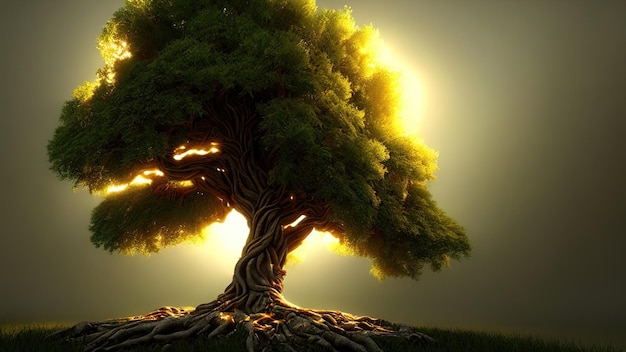 Grande vecchio albero delle fate il tronco di un albero secolare di radici intrecciate al tramonto illustrazione 3d