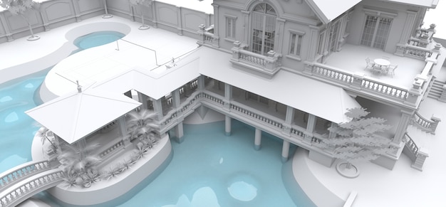 Grande villa in stile asiatico con giardino, piscina e campo da tennis. L'edificio e il territorio in curve di livello con morbide ombre sparse. illustrazione 3D