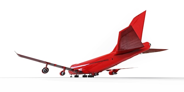 Grandi aerei passeggeri di grande capacità per lunghi voli transatlantici. Aeroplano rosso su sfondo bianco isolato. illustrazione 3D.