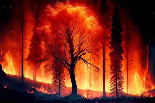 Grandi alberi avvolti dalle fiamme durante un incendio nella foresta