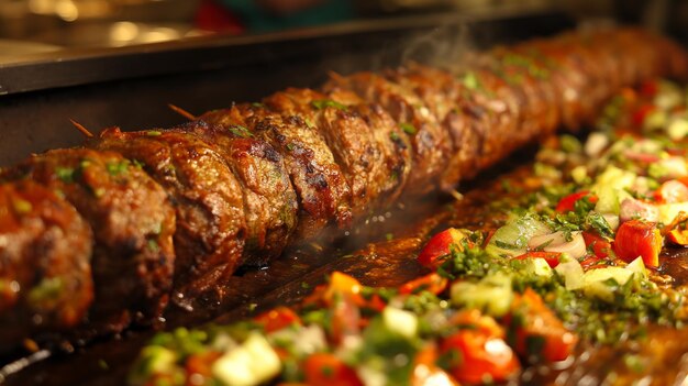 Grandi cuochi di kebab circondati da verdure con il vapore che si alza