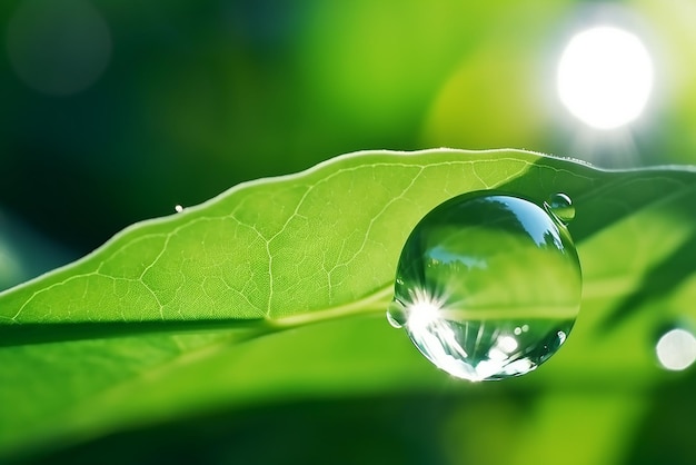 Grandi e belle gocce di acqua di pioggia trasparente su una macro foglia verde gocce di rugiada al mattino brillano al sole