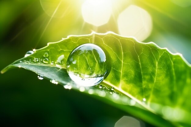 Grandi e belle gocce di acqua di pioggia trasparente su una macro foglia verde gocce di rugiada al mattino brillano al sole