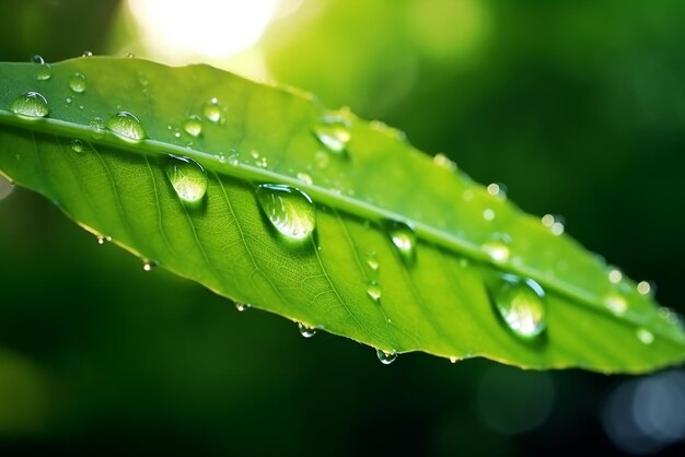 Grandi e belle gocce di acqua di pioggia trasparente su una macro foglia verde gocce di rugiada al mattino brillano al sole