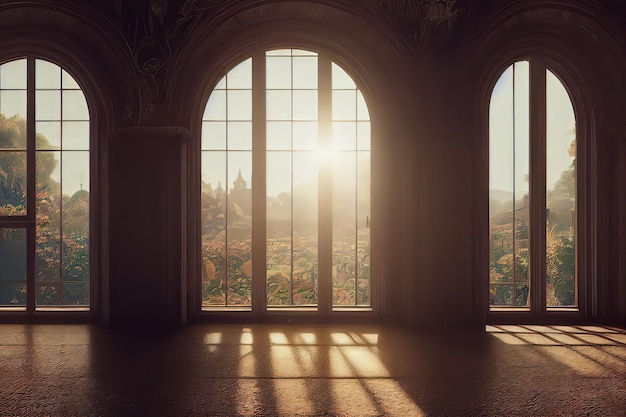 Grandi finestre panoramiche ad arco Interni di fantasia del palazzo con finestre sul giardino Raggi delle ombre del sole Finestra maestosa