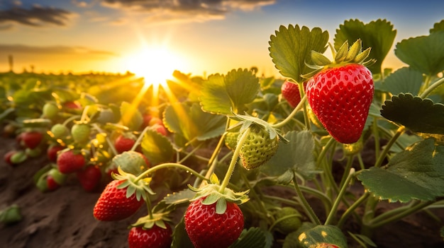 Grandi fragole succose sotto il sole splendente su una piantagione di fragole