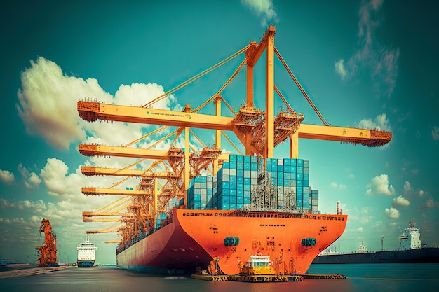 Grandi gru con bracci nel container di carico del porto di carico a bordo della nave