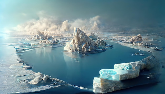 Grandi iceberg e ghiacciai nell'acqua fredda dell'oceano contro la foschia