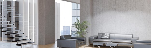 Grandi interni luminosi e moderni di lusso Soggiorno mockup banner illustrazione rendering 3D