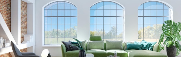 Grandi interni luminosi e moderni di lusso Soggiorno mockup banner illustrazione rendering 3D