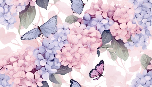 Grandi mazzi di fiori di ortensia con farfalle blu in delicati colori pastello rosa beige viola