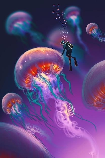 grandi meduse e subacqueo in fantasia subacquea,illustrazione