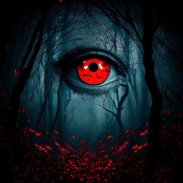 Grandi occhi rossi sullo sfondo di un cupo bosco mistico