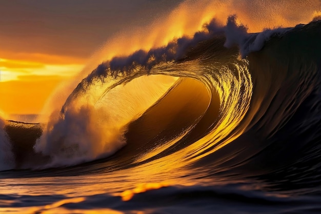 Grandi onde dell'oceano al tramonto