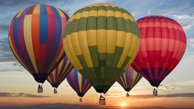 Grandi palloncini multicolori nel cielo sullo sfondo di un bellissimo tramonto