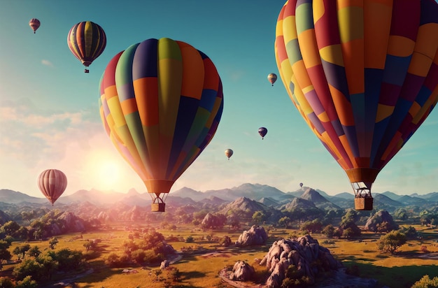 Grandi palloncini nel cielo Luminosi dirigibili multicolori nel cielo sopra la natura Concetto di viaggio IA generativa