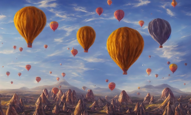 Grandi palloncini sorvolano le montagne della Cappadocia in Turchia un'attrazione turistica Illustrazione 3d di un fantastico paesaggio mattutino