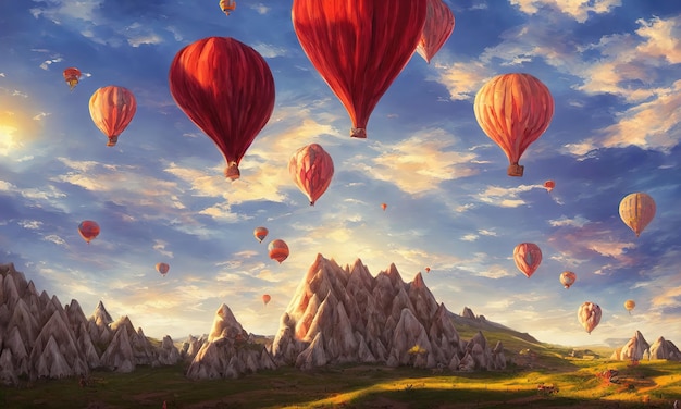 Grandi palloncini sorvolano le montagne della Cappadocia in Turchia un'attrazione turistica Illustrazione 3d di un fantastico paesaggio mattutino