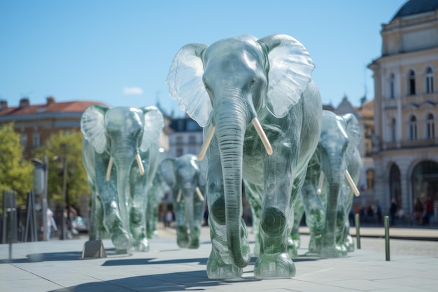 Grandi statue di vetro di elefanti in mezzo alla città Statue di elefanti di vetro