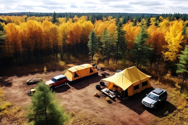 Grandi tende turistiche si trovano nel mezzo della foresta nel soleggiato clima autunnale