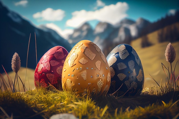 Grandi uova di Pasqua su un prato con montagne generative ai