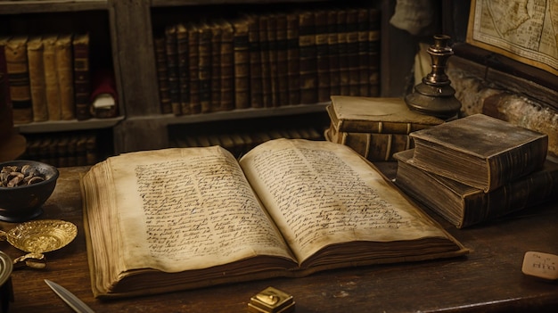 Grandi volumi di poesia usurati da secoli giacciono aperti su robuste pagine da tavolo di quercia dettagliate con bellissime e intricate calligrafie medievali Ufficio medievale abbondante di manoscritti storici