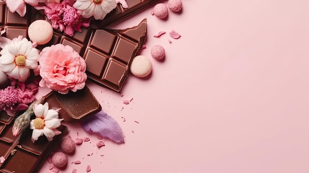 Granelli di cioccolato e fiori rosa per il banner di vendita di San Valentino