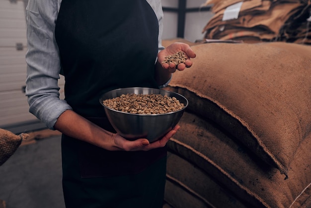 Grani di Arabica su una teglia con teglia al caffè Selezione di caffè fresco per espresso