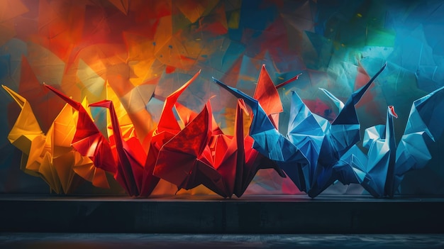 Grani di carta origami su uno sfondo astratto colorato