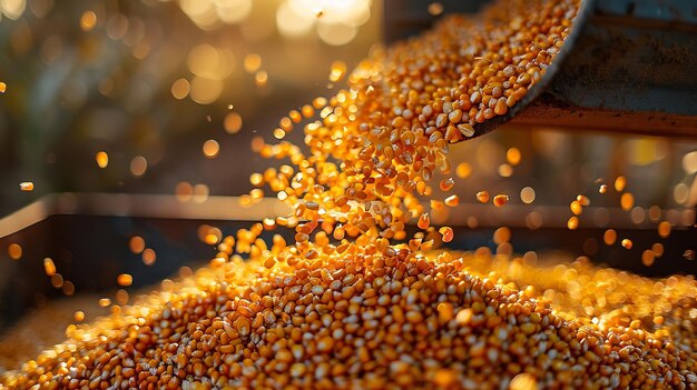 Grani di grano appena raccolti in un campo e semi di grano riversati da un trattore