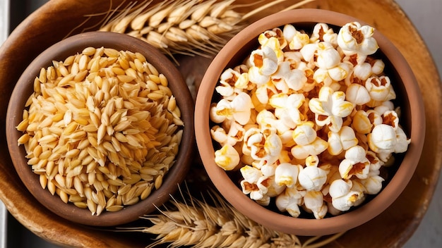 Grano di grano in ciotola e popcorn di grano nella ciotola di semi di grano rustico