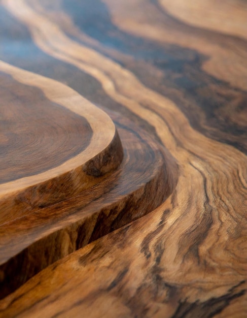 Grano di legno di noce lucidato con profondità di campo su uno sfondo lussuoso
