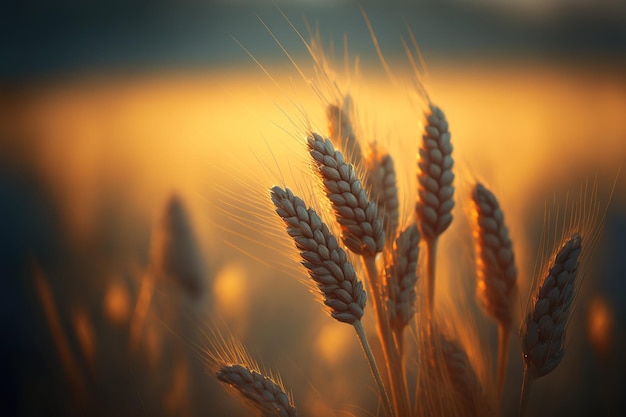 Grano su un campo con uno sfondo nebbioso in primo piano