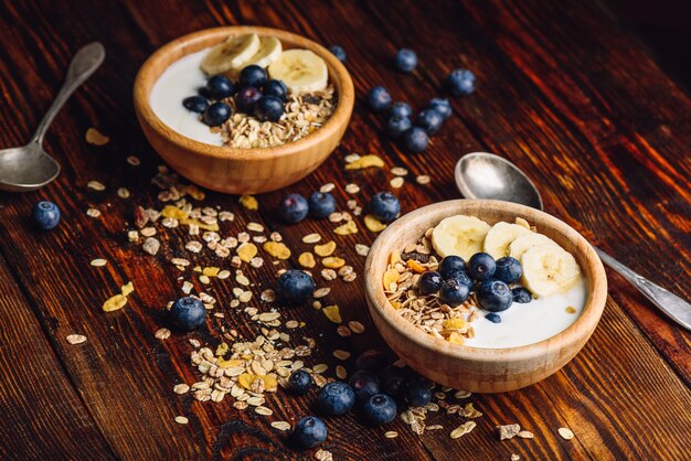 Granola con banana, mirtillo e yogurt