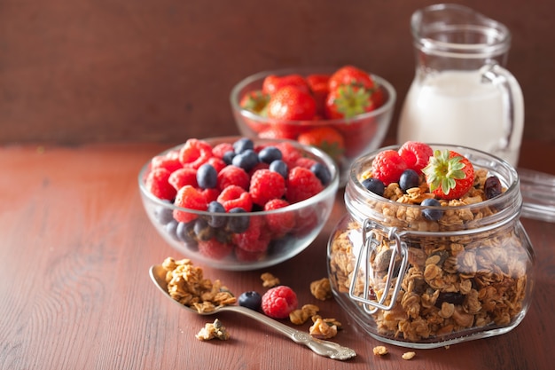 Granola sano fatto in casa in vaso di vetro e bacche