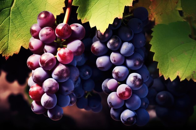 Grape close-up sfondo realistico grappolo di uva rossa nera sul ramo di vite in macro close-up