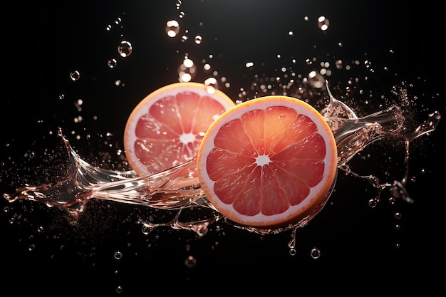 Grapefruit a fette realistiche in una goccia trasparente di succo