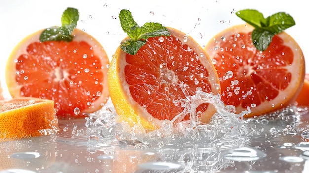 Grapefruit e menta sotto una cascata di gocce d'acqua un vivido spruzzo isolato su bianco AI Generative