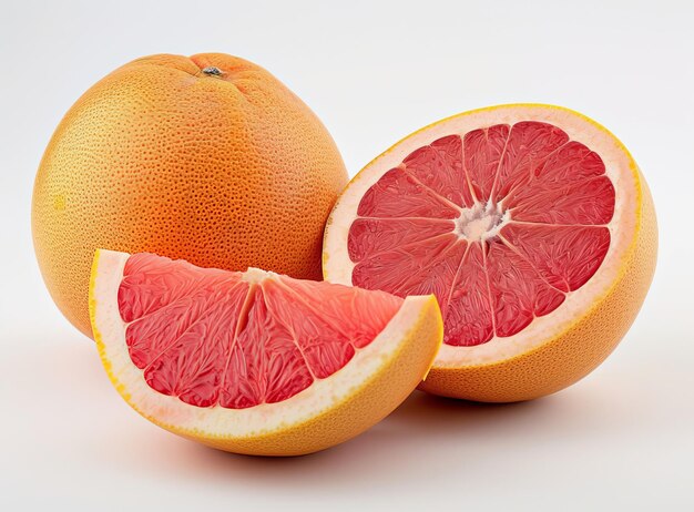 Grapefruit freschi interi e tagliati isolati su uno sfondo bianco che mostrano il loro succoso interno rosso