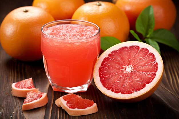 Grapefruit fresco a metà e succo in contenitori diversi sulla tavola