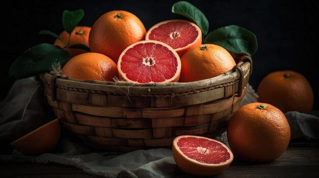 Grapefruit in un cesto di bambù su uno sfondo nero