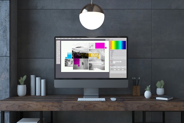 Graphic design screen Computer on a desktop 3d rendering