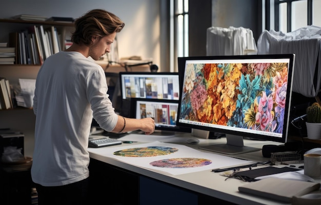 graphic designer maschio che lavora nel grande studio di design sul suo grande monitor