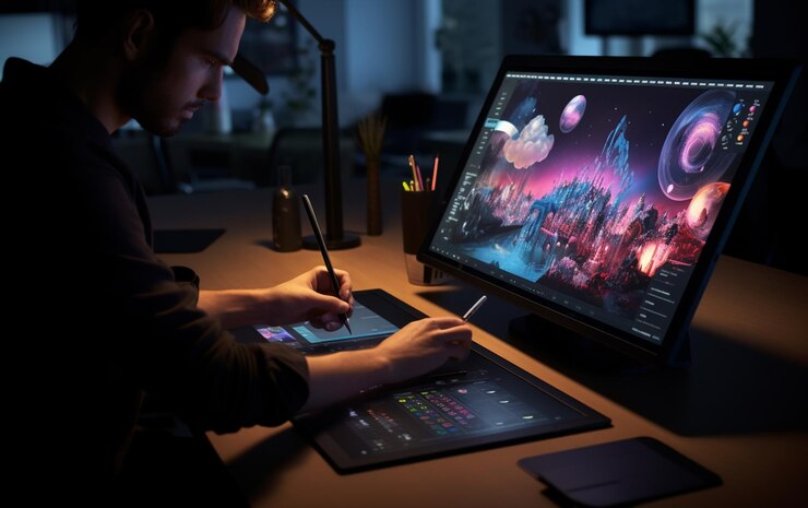Photo graphic designer working with interactive pen display digital drawing tablet