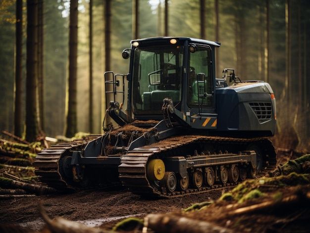 Grappola dell'escavatore durante la deforestazione per nuovi sviluppi Deforestazione utilizzando veicoli a nastro