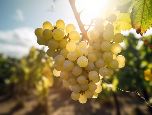 Grappoli d'uva bianca in vigna in una giornata di sole