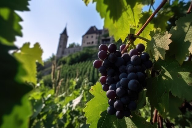 Grappoli d'uva maturi nei vigneti vicino a un castello medievale generativo AI